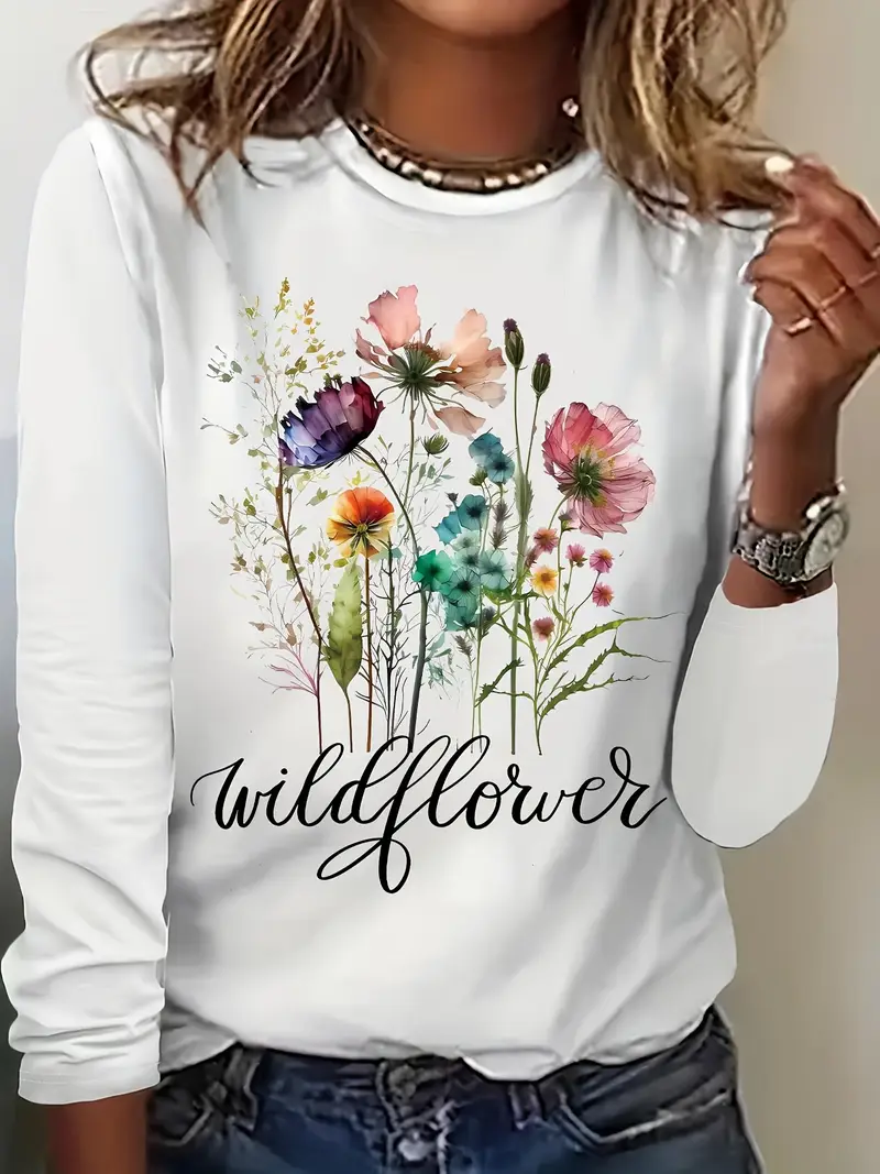 Women's Floral Long Sleeve Tee T-shirt Crew Neck Printing Casual Spring/Fall Graphic Tee Top