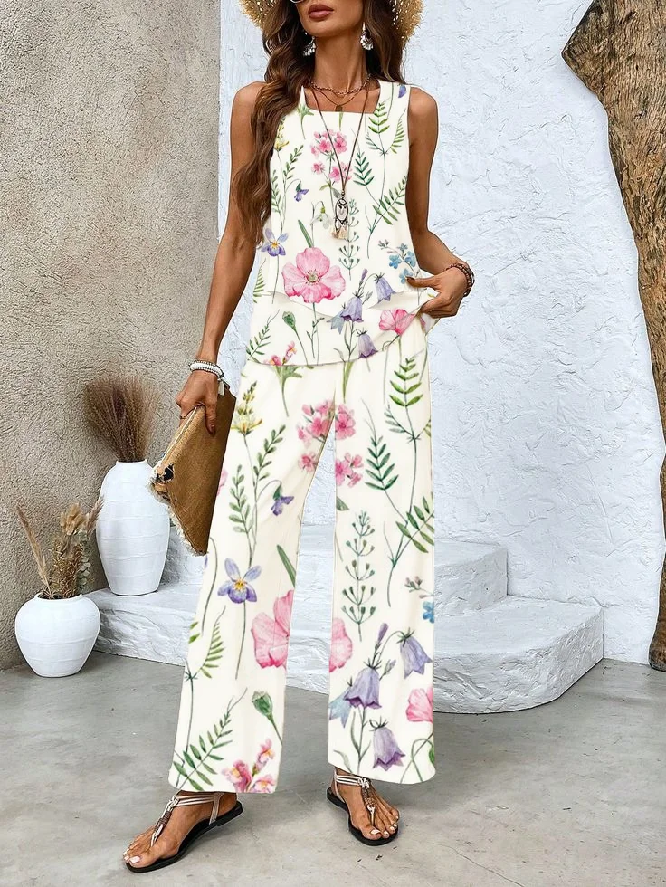 Women's Floral Printing Two-Piece Set Daily Sleeveless Casual Summer Top With Pants Matching Set