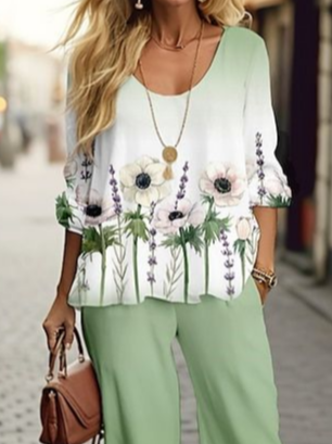 Women's Floral Printing Two-Piece Set Daily Long Sleeve Casual Spring/Fall Top With Pants Matching Set