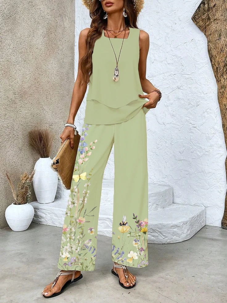 Women's Floral Printing Two-Piece Set Daily Sleeveless Casual Summer Top With Pants Matching Set