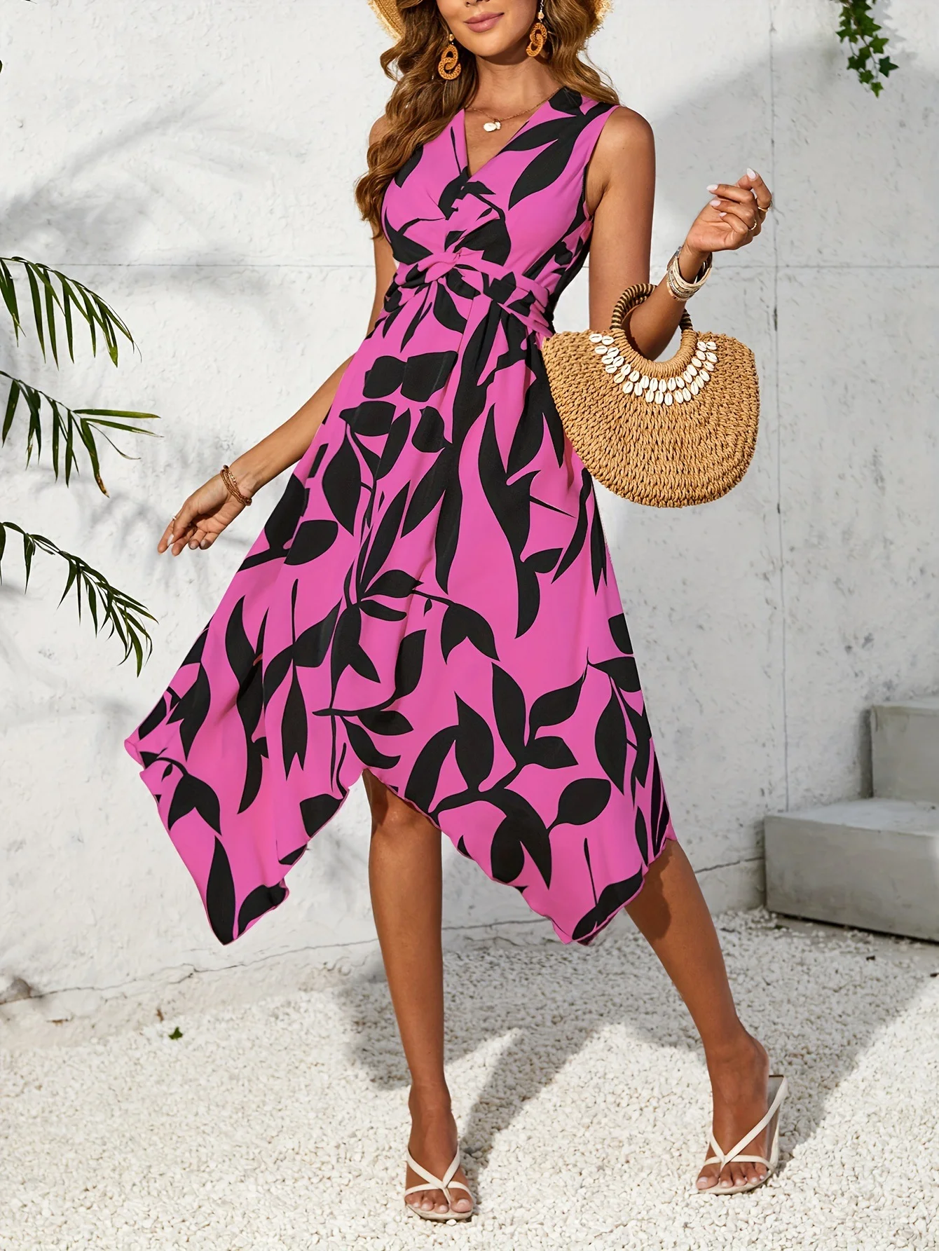 Women's Floral Sleeveless Summer Dress V Neck Daily Casual Midi Flowy Dress A-Line Dress