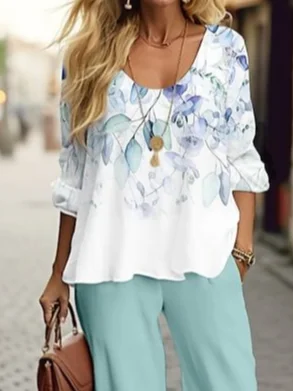 Women's Floral Printing Two-Piece Set Daily Long Sleeve Casual Spring/Fall Top With Pants Matching Set