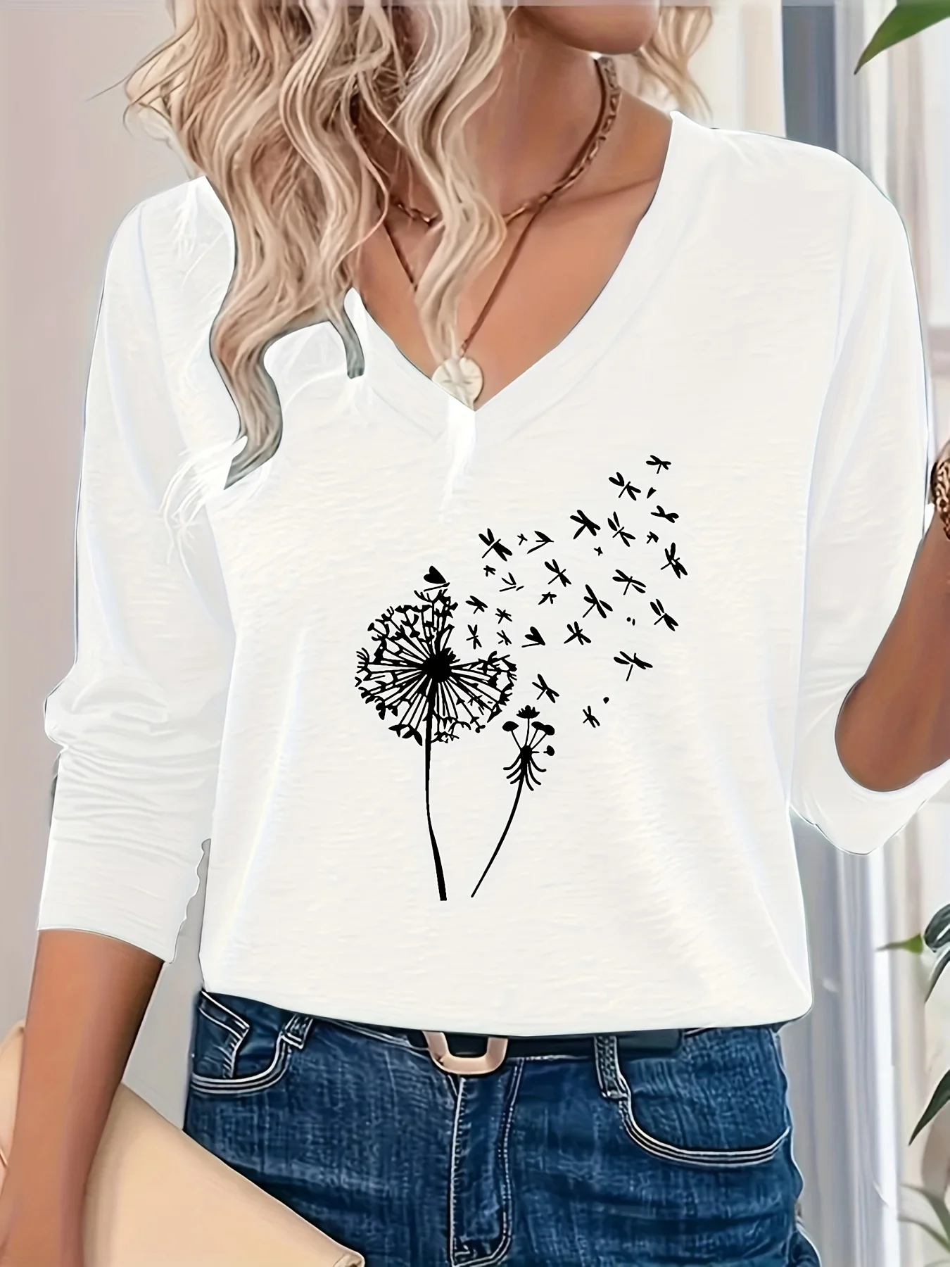 Women's Dandelion Long Sleeve Tee T-shirt V Neck Casual Spring/Fall Top