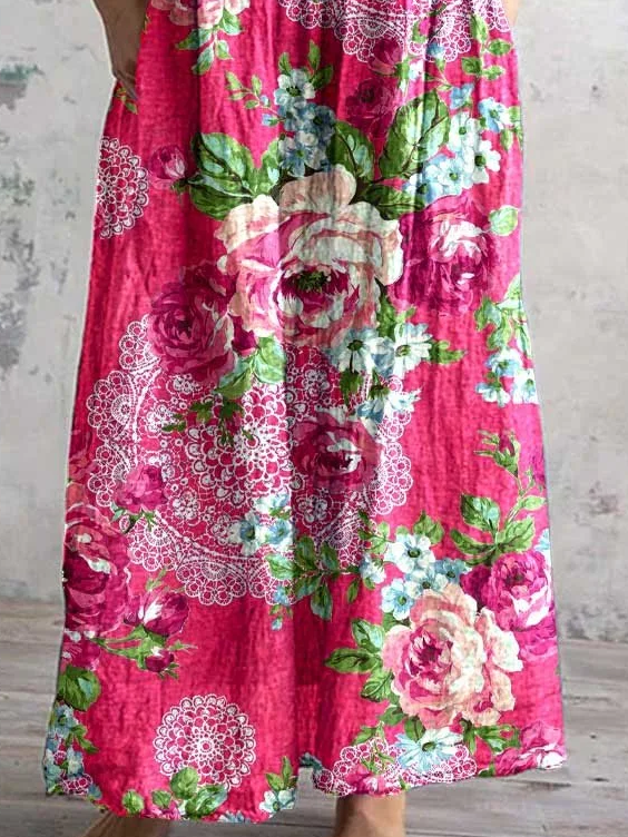 Women's Floral Long Sleeve Spring/Fall Printing Dress V Neck Daily Casual Maxi T-Shirt Dress A-Line Dress