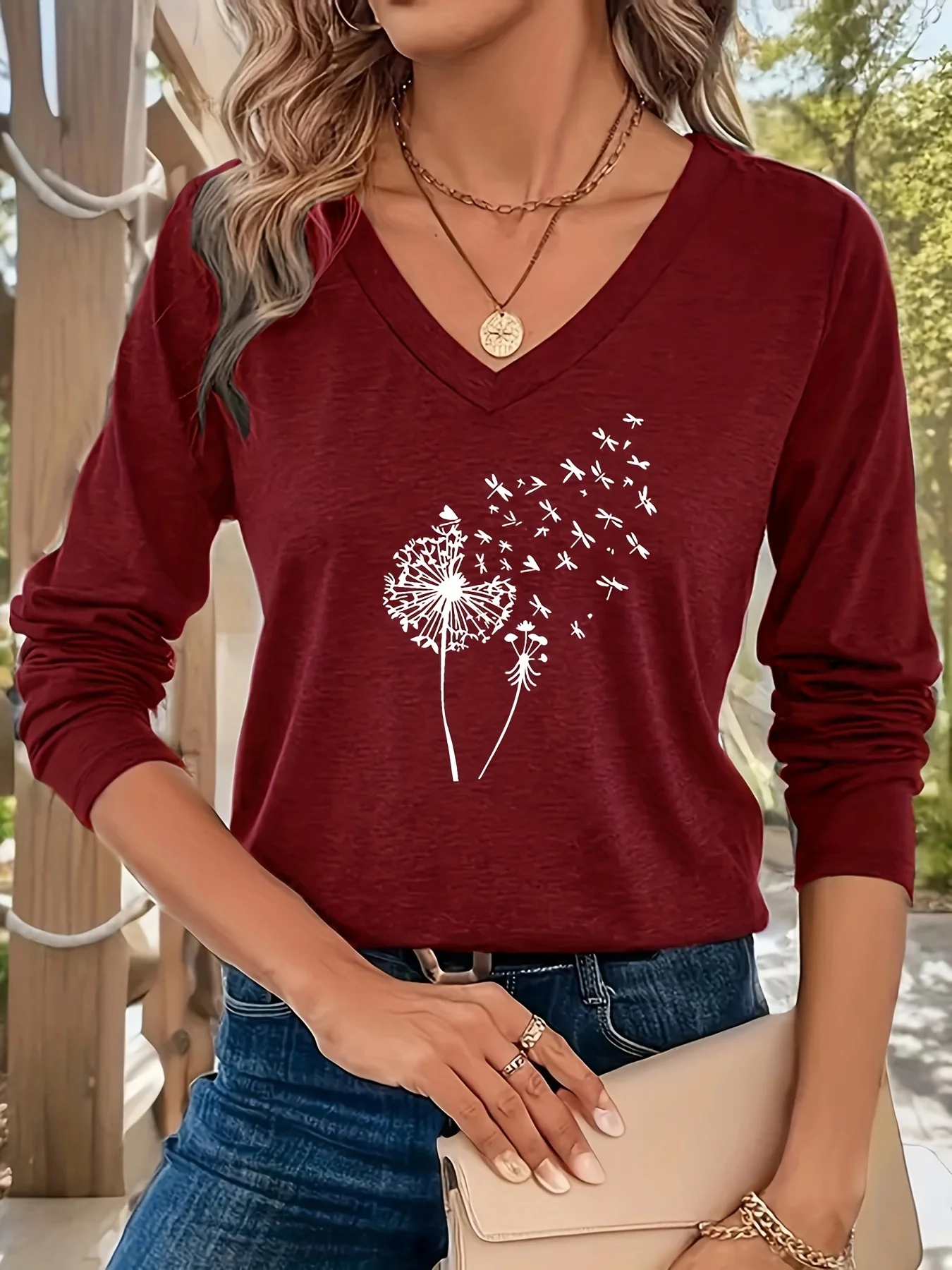 Women's Dandelion Long Sleeve Tee T-shirt V Neck Casual Spring/Fall Top