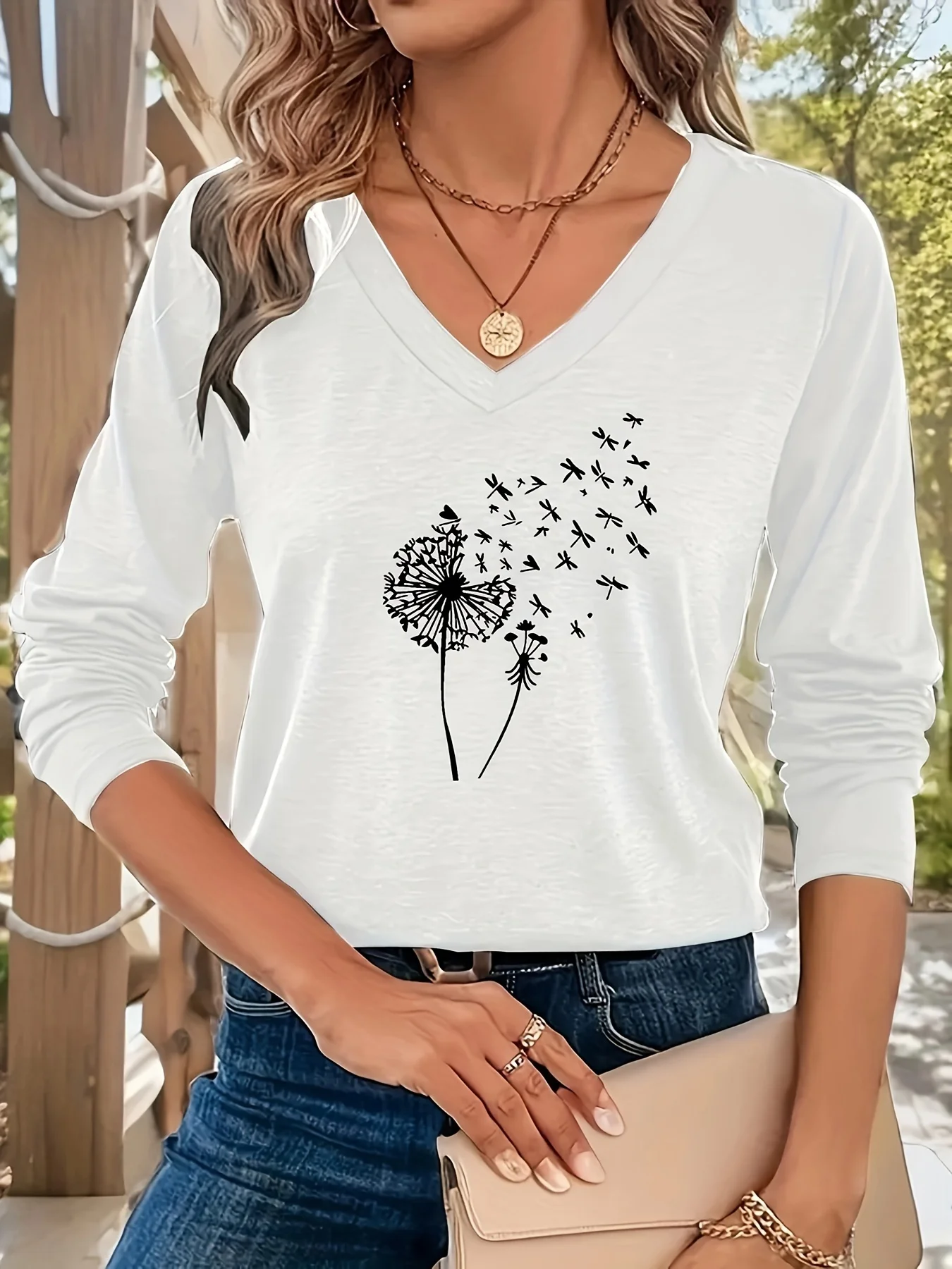 Women's Dandelion Long Sleeve Tee T-shirt V Neck Casual Spring/Fall Top