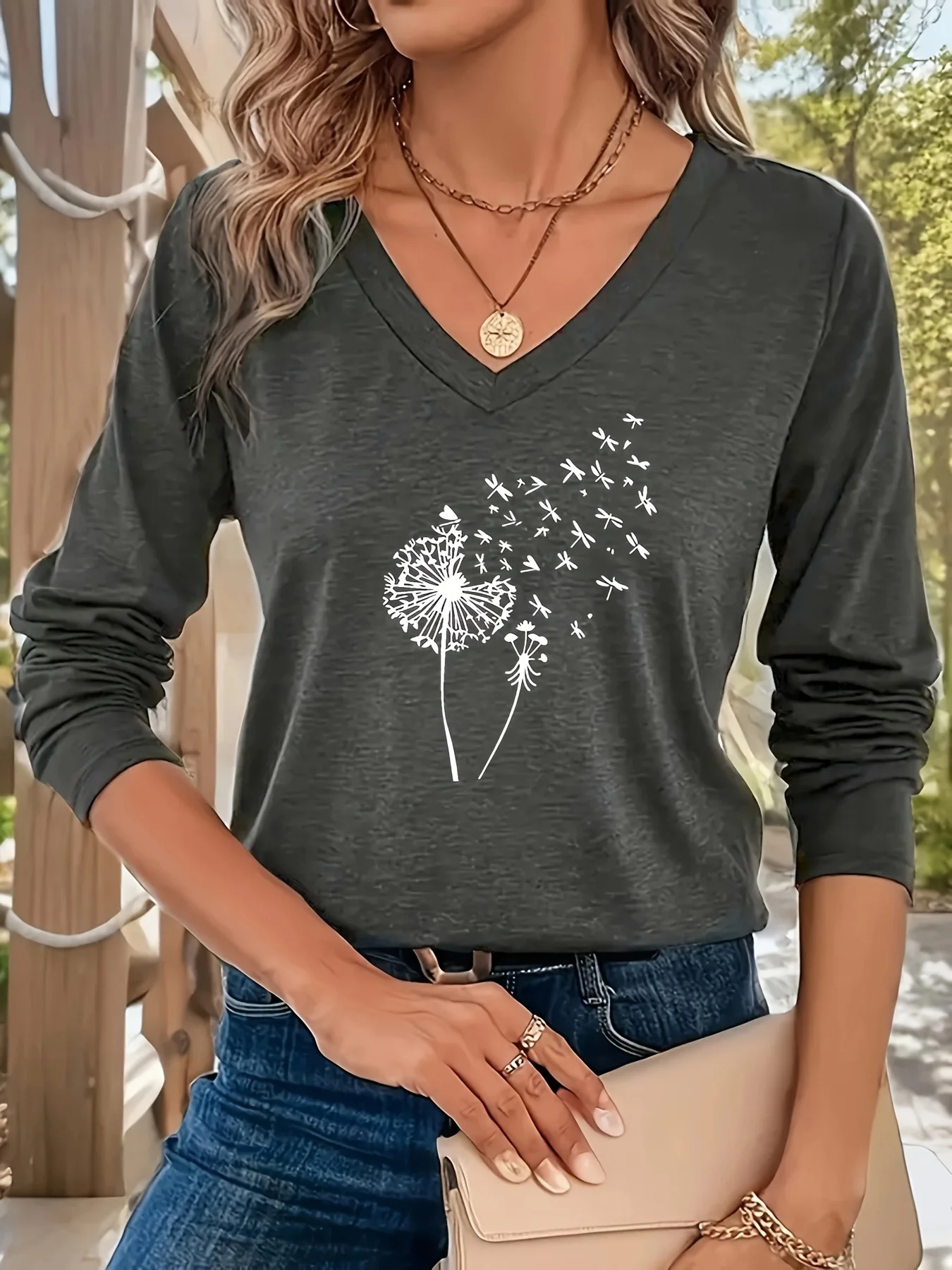 Women's Dandelion Long Sleeve Tee T-shirt V Neck Casual Spring/Fall Top