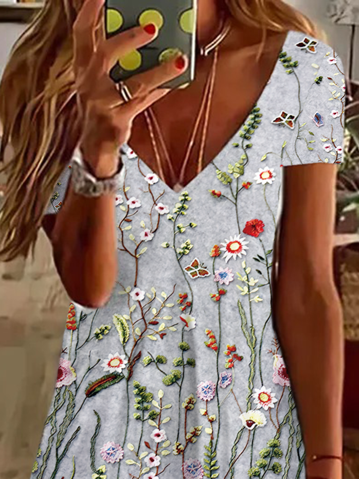 Women's Floral Short Sleeve Summer Printing Dress V Neck Daily Casual Knee Length T-Shirt Dress H-Line Dress