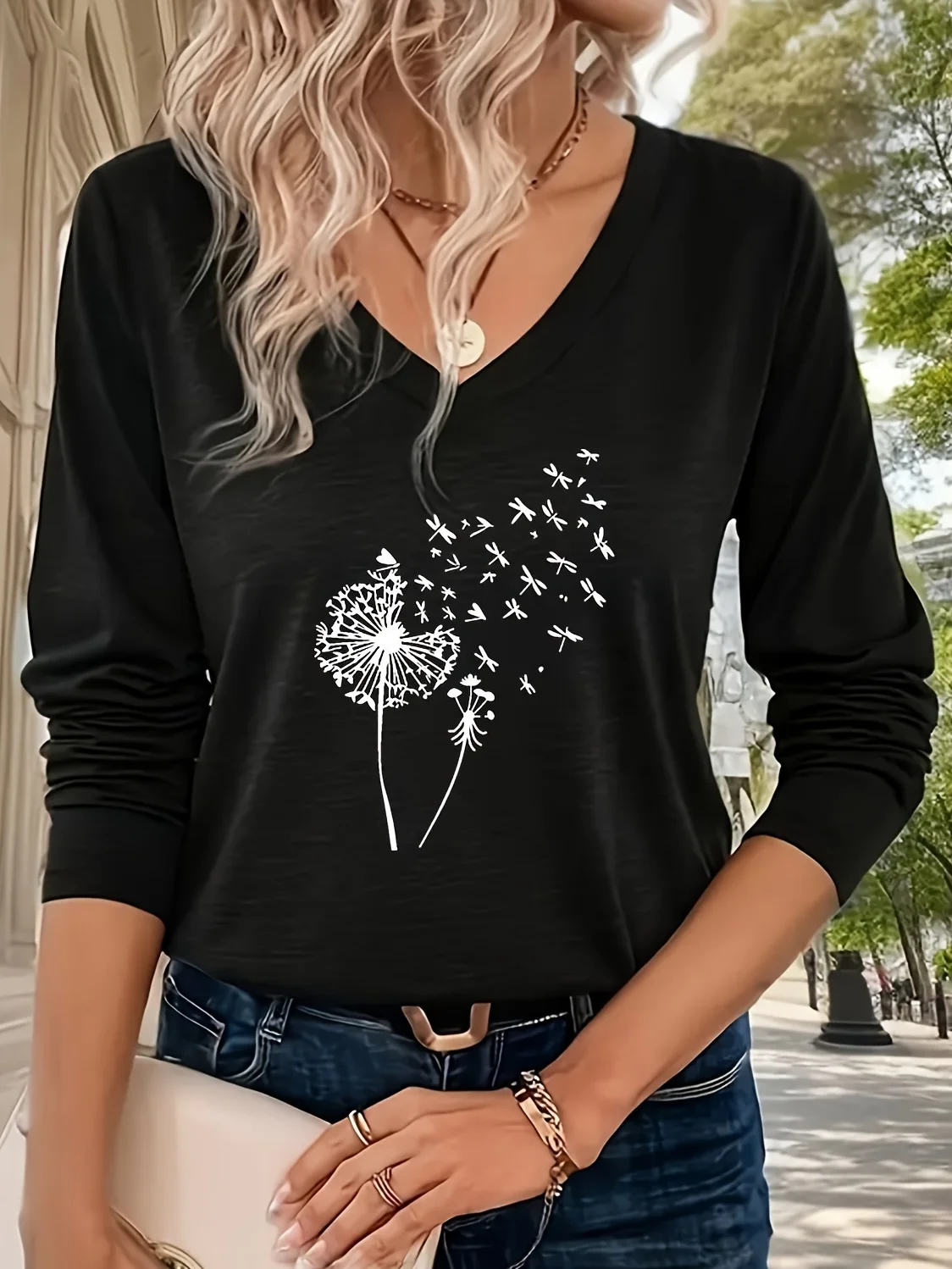 Women's Dandelion Long Sleeve Tee T-shirt V Neck Casual Spring/Fall Top