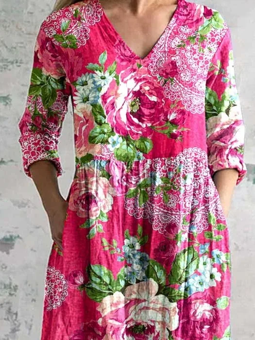 Women's Floral Long Sleeve Spring/Fall Printing Dress V Neck Daily Casual Maxi T-Shirt Dress A-Line Dress