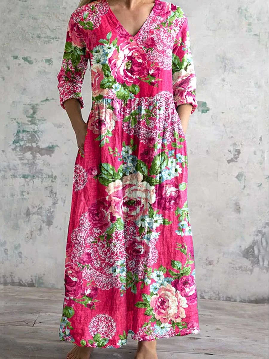 Women's Floral Long Sleeve Spring/Fall Printing Dress V Neck Daily Casual Maxi T-Shirt Dress A-Line Dress