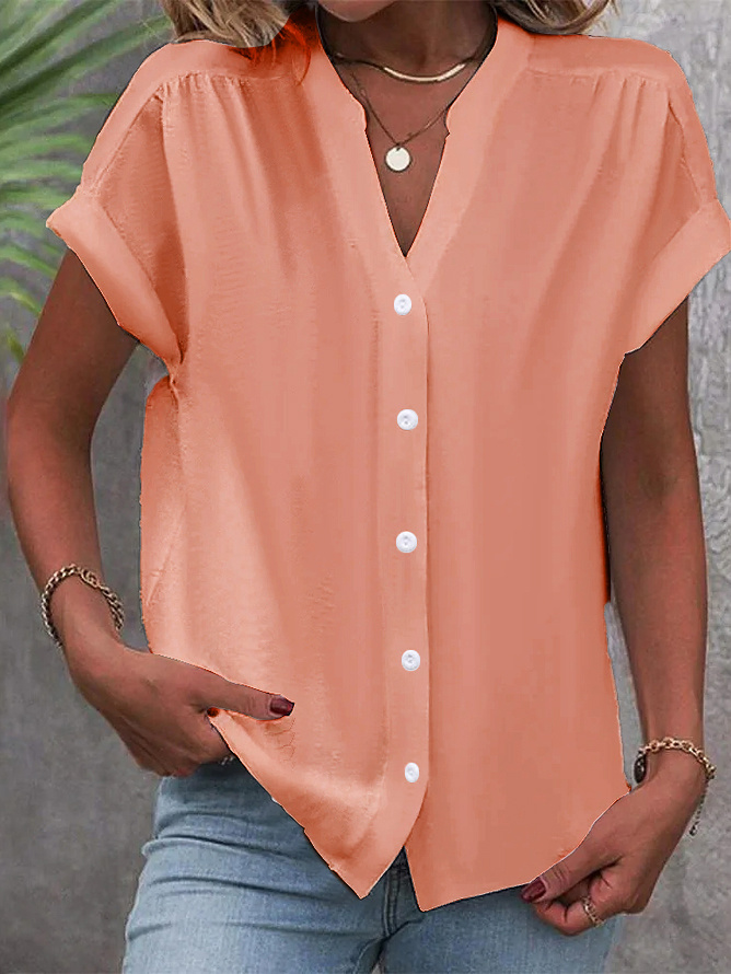 Women's Plain Short Sleeve Shirt Summer Buckle V Neck Daily Casual Top