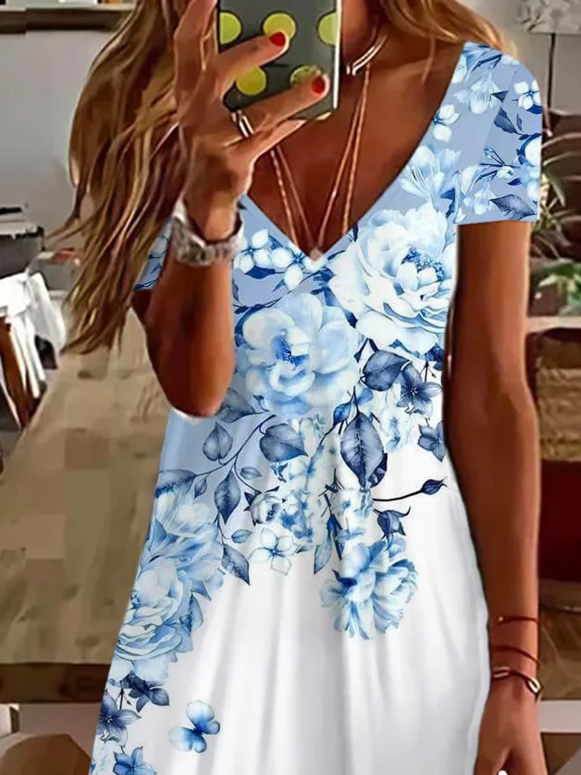 Women's Floral Short Sleeve Summer Printing Dress V Neck Daily Casual Knee Length T-Shirt Dress H-Line Dress