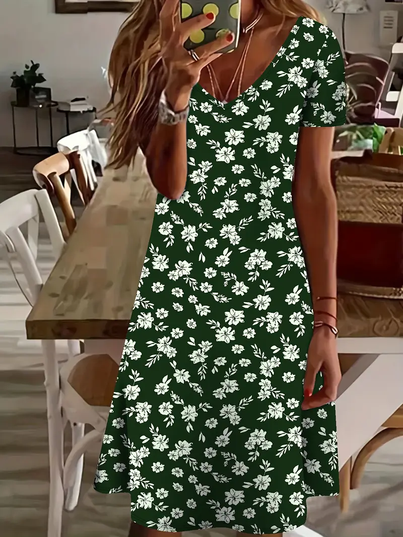 Women's Floral Short Sleeve Summer Printing Dress V Neck Daily Casual Knee Length T-Shirt Dress H-Line Dress