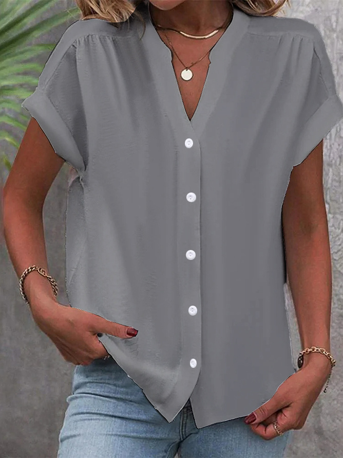 Women's Plain Short Sleeve Shirt Summer Buckle V Neck Daily Casual Top