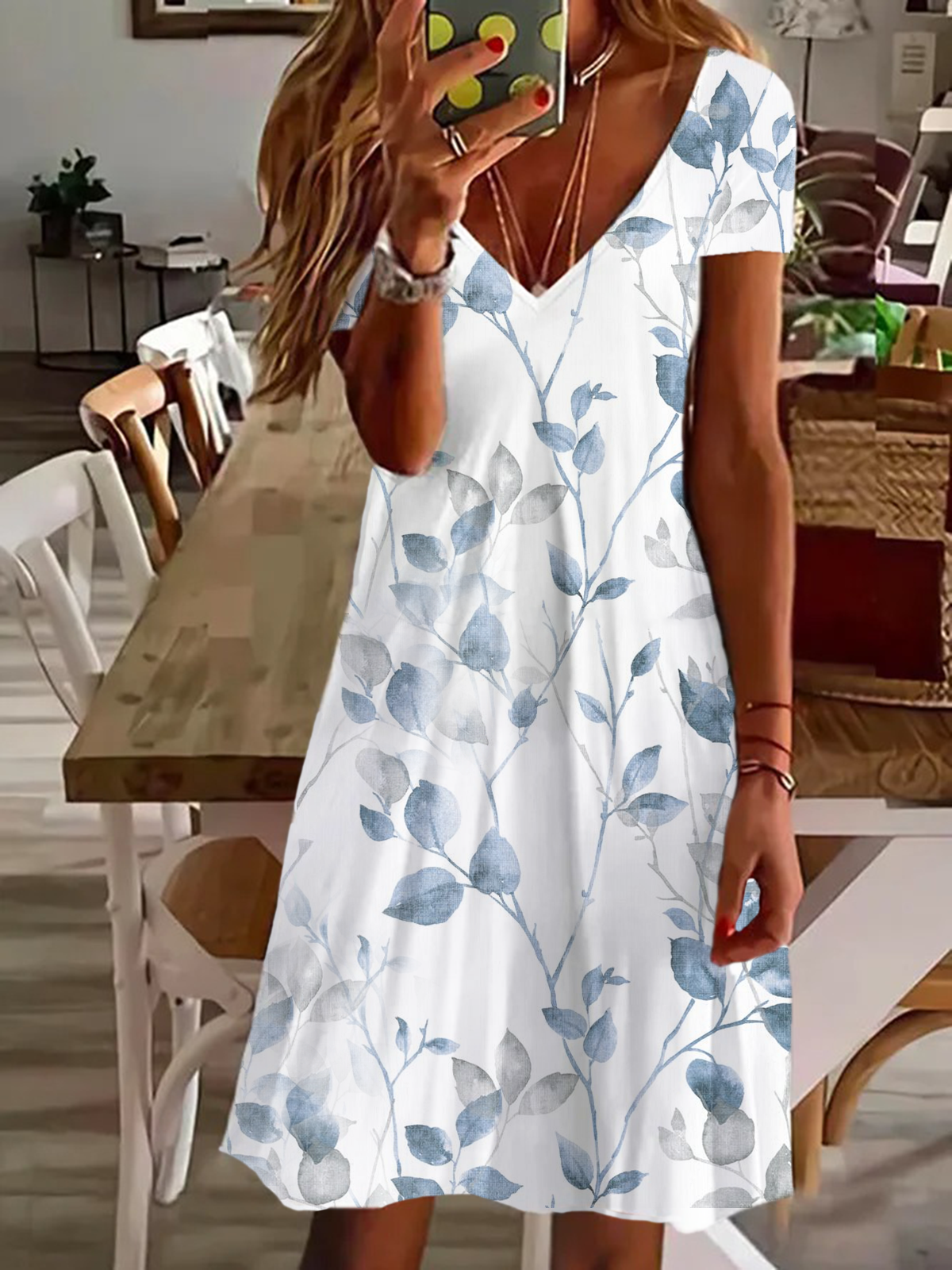 Women's Floral Short Sleeve Summer Printing Dress V Neck Daily Casual Knee Length T-Shirt Dress H-Line Dress