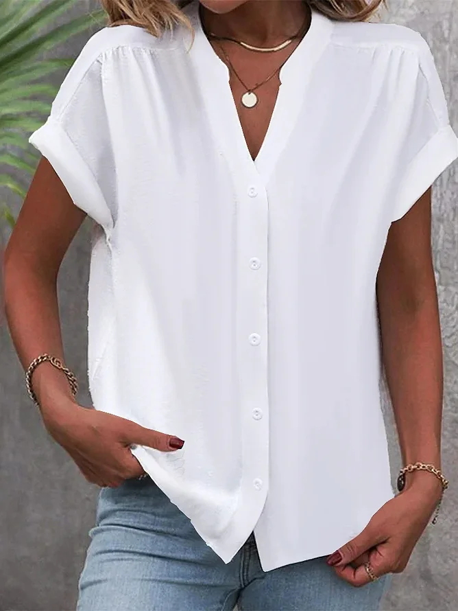 Women's Plain Short Sleeve Shirt Summer Buckle V Neck Daily Casual Top