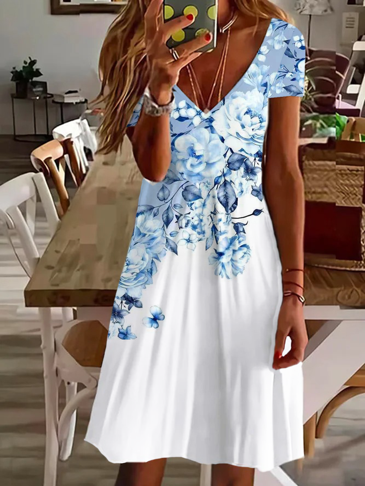 Women's Floral Short Sleeve Summer Printing Dress V Neck Daily Casual Knee Length T-Shirt Dress H-Line Dress