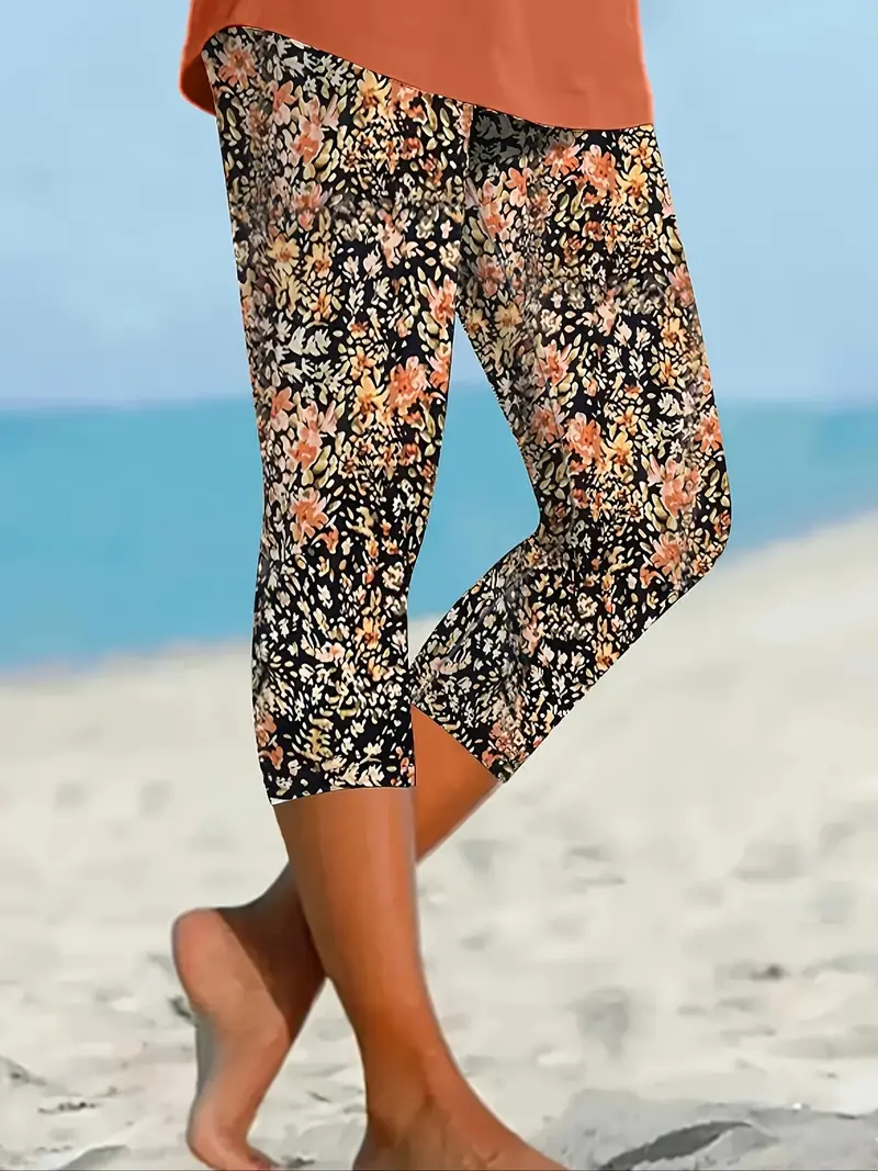 Women's Floral Capris Elastic Waist Pant Casual Summer Trousers