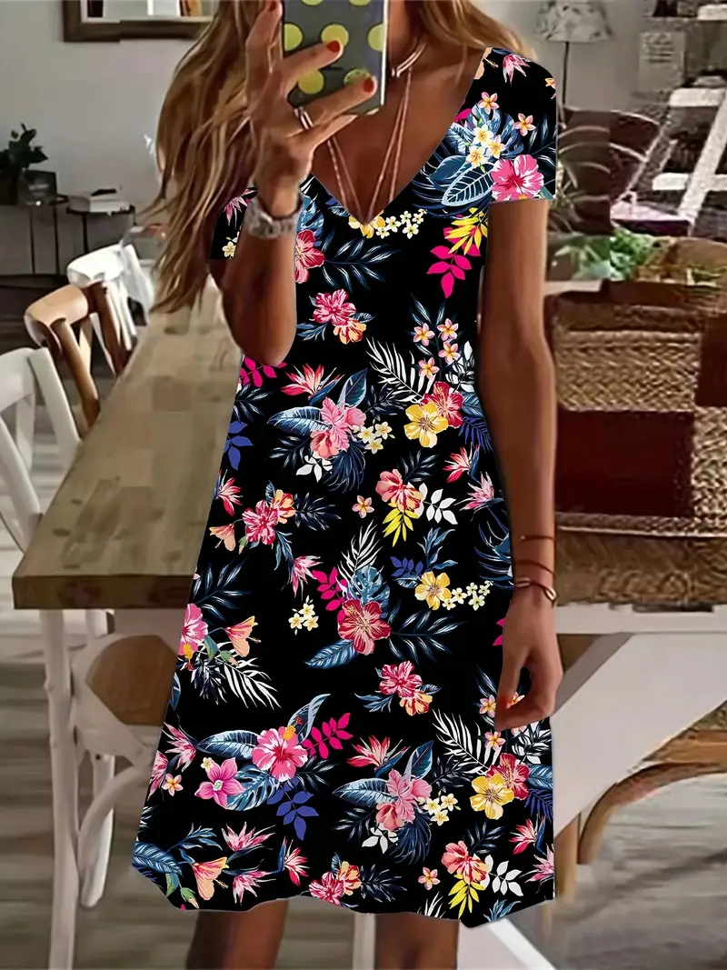 Women's Floral Short Sleeve Summer Printing Dress V Neck Daily Casual Knee Length T-Shirt Dress H-Line Dress