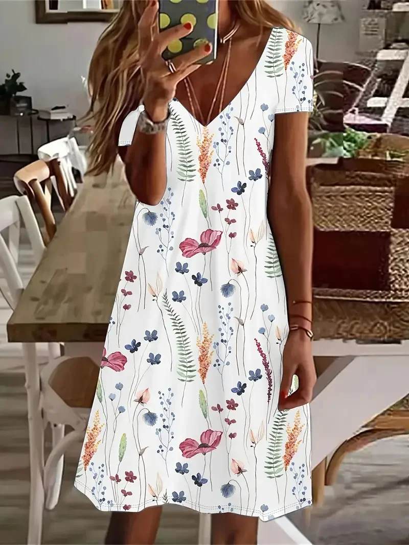 Women's Floral Short Sleeve Summer Printing Dress V Neck Daily Casual Knee Length T-Shirt Dress H-Line Dress