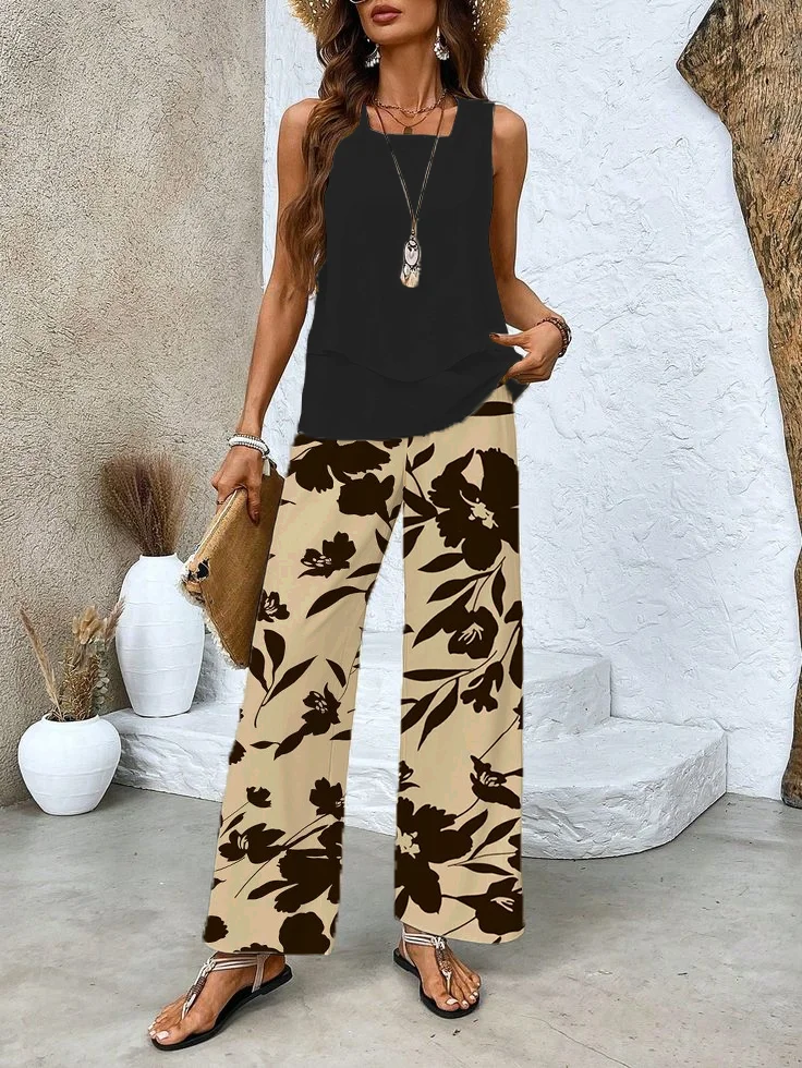 Women's Floral Printing Two-Piece Set Daily Sleeveless Casual Summer Top With Pants Matching Set