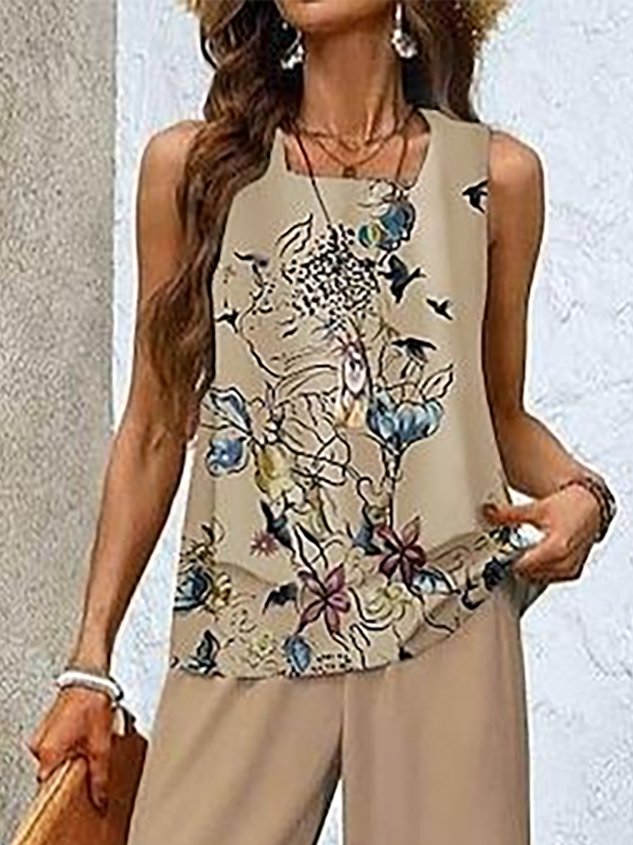 Women's Floral Printing Two-Piece Set Daily Sleeveless Casual Summer Top With Pants Matching Set