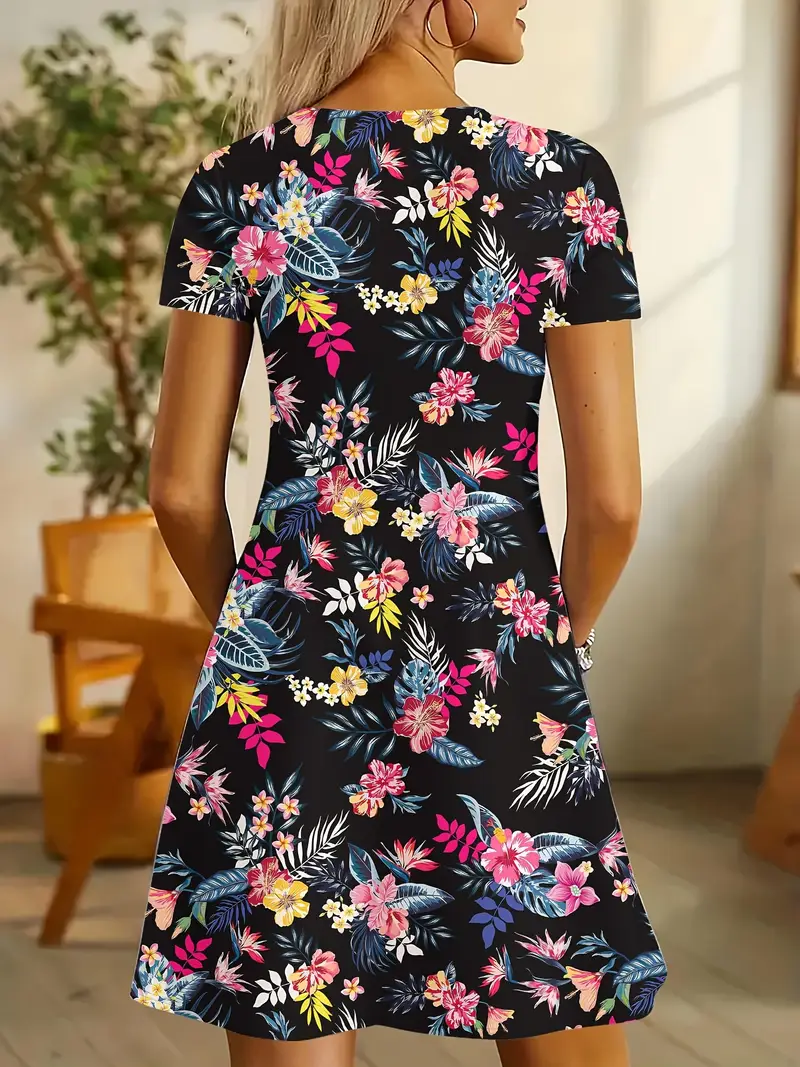 Women's Floral Short Sleeve Summer Printing Dress V Neck Daily Casual Knee Length T-Shirt Dress H-Line Dress