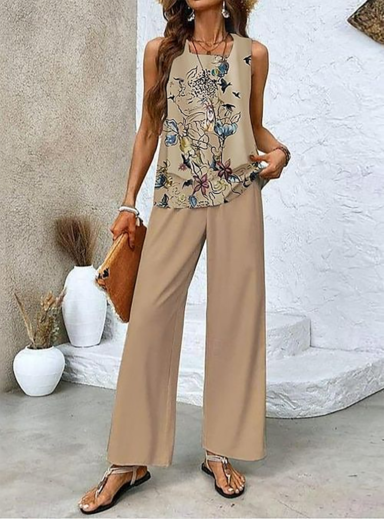 Women's Floral Printing Two-Piece Set Daily Sleeveless Casual Summer Top With Pants Matching Set