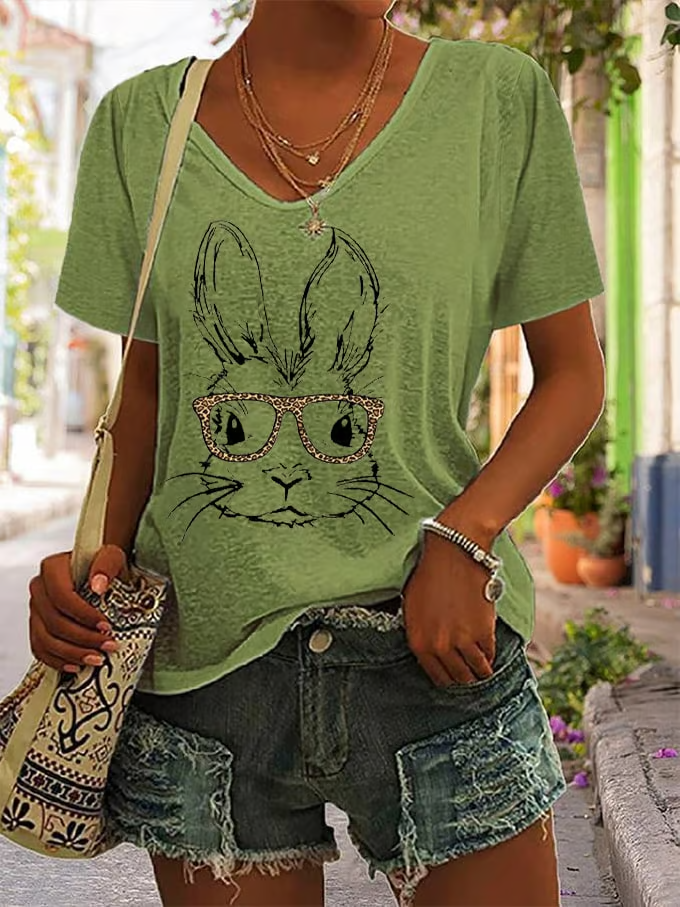 Women's Easter (rabbit) Short Sleeve Tee T-shirt V Neck Printing Casual Summer Graphic Tee Top