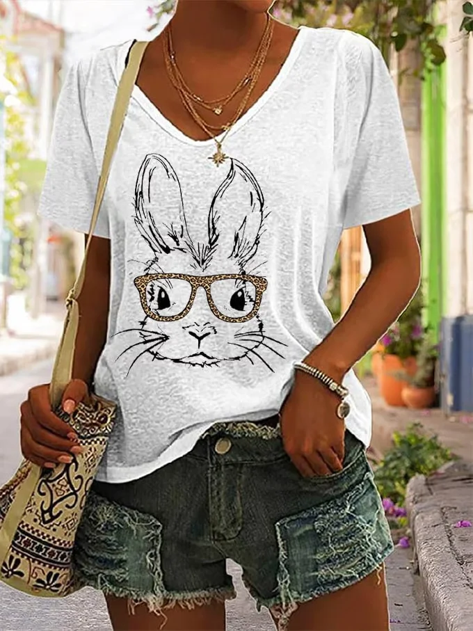 Women's Easter (rabbit) Short Sleeve Tee T-shirt V Neck Printing Casual Summer Graphic Tee Top