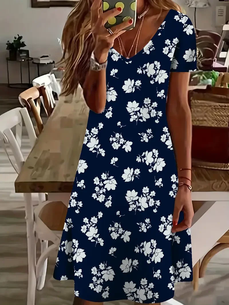 Women's Floral Short Sleeve Summer Printing Dress V Neck Daily Casual Knee Length T-Shirt Dress H-Line Dress