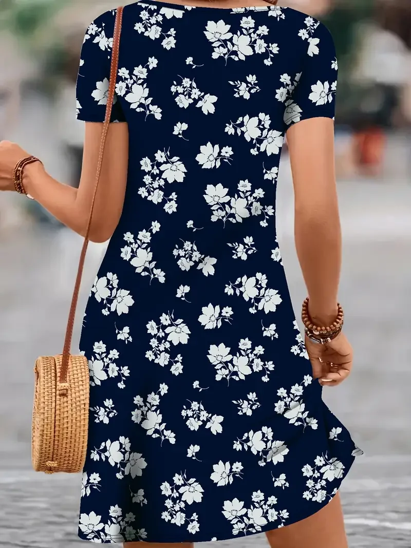 Women's Floral Short Sleeve Summer Printing Dress V Neck Daily Casual Knee Length T-Shirt Dress H-Line Dress