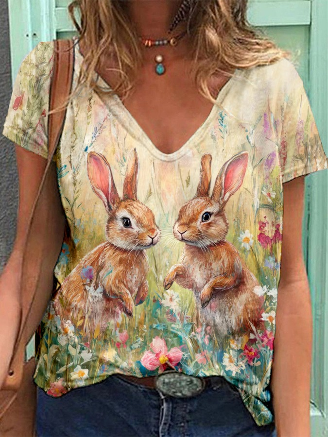 Women's Easter (rabbit) Short Sleeve Tee T-shirt V Neck Printing Casual Summer Graphic Tee Top