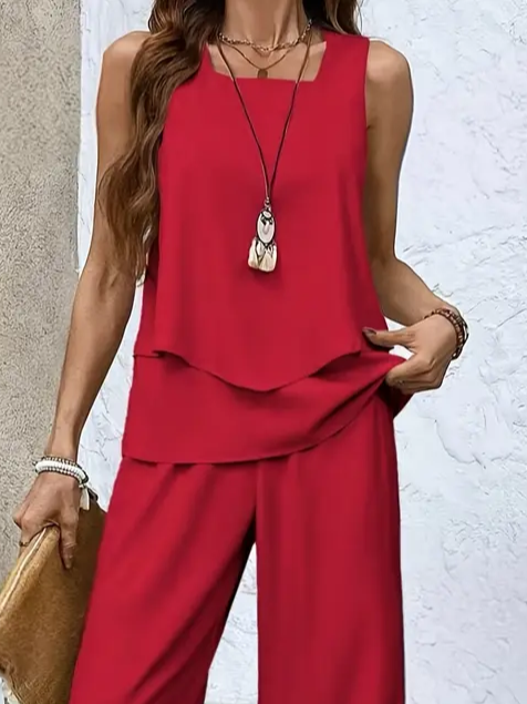 Women's Plain Two-Piece Set Daily Sleeveless Casual Summer Top With Pants Matching Set