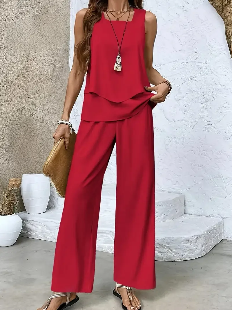 Women's Plain Two-Piece Set Daily Sleeveless Casual Summer Top With Pants Matching Set