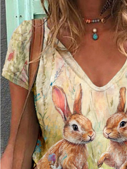 Women's Easter (rabbit) Short Sleeve Tee T-shirt V Neck Printing Casual Summer Graphic Tee Top