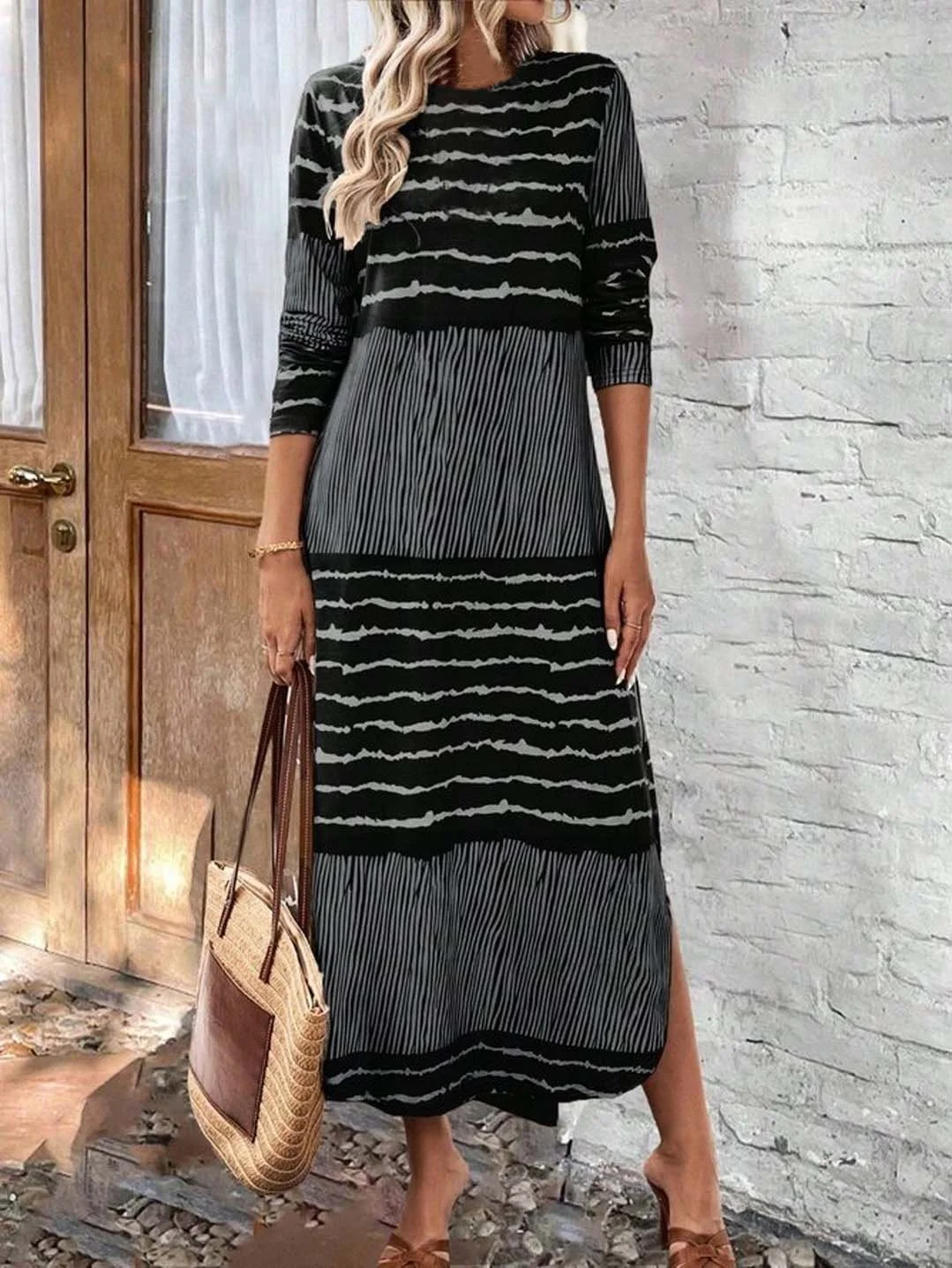 Women's Striped Long Sleeve Spring/Fall Dress Crew Neck Holiday Vintage Maxi T-Shirt Dress H-Line Dress