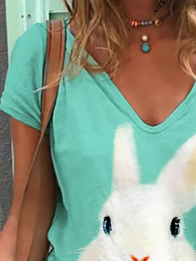 Women's Easter (rabbit) Short Sleeve Tee T-shirt V Neck Printing Casual Summer Graphic Tee Top