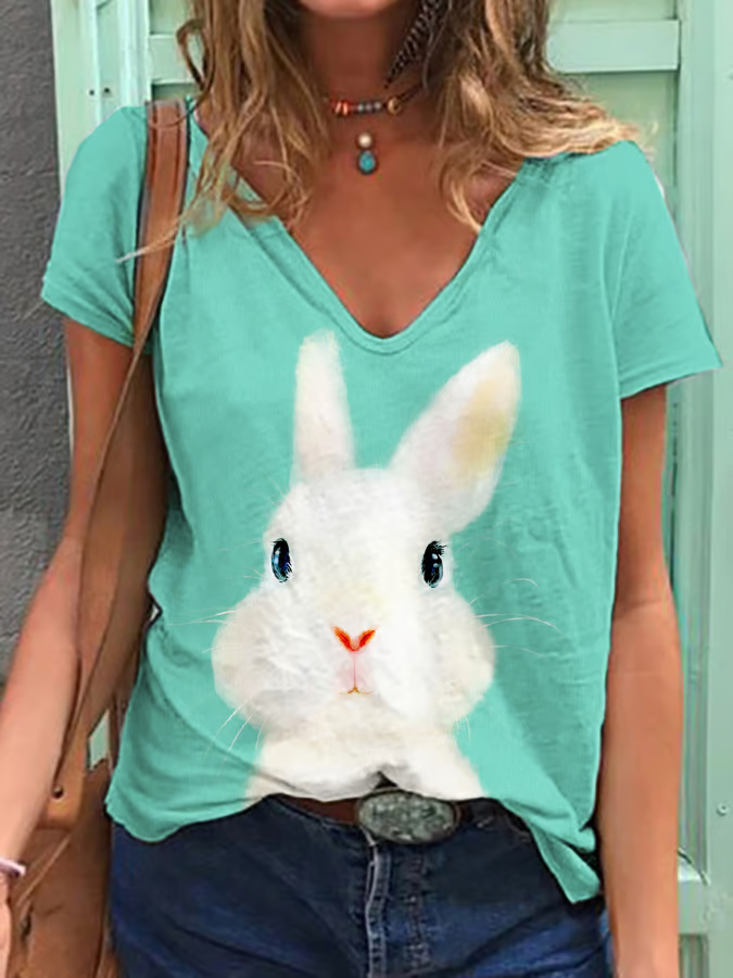 Women's Easter (rabbit) Short Sleeve Tee T-shirt V Neck Printing Casual Summer Graphic Tee Top