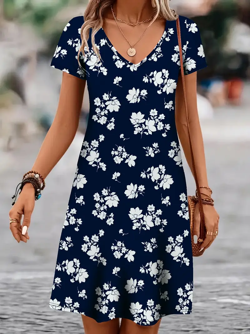 Women's Floral Short Sleeve Summer Printing Dress V Neck Daily Casual Knee Length T-Shirt Dress H-Line Dress