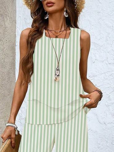 Women's Striped Printing Two-Piece Set Daily Sleeveless Casual Summer Top With Pants Matching Set