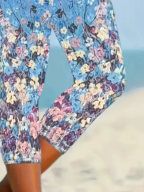 Women's Floral Capris Elastic Waist Pant Casual Summer Trousers