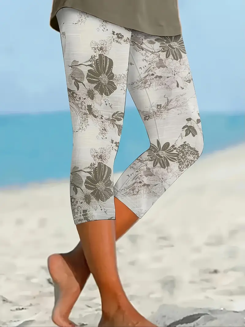 Women's Floral Capris Elastic Waist Pant Casual Summer Trousers