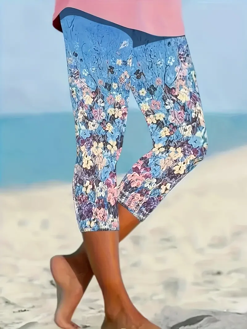 Women's Floral Capris Elastic Waist Pant Casual Summer Trousers