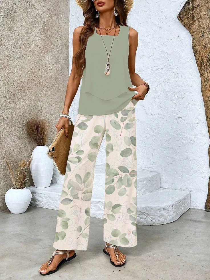 Women's Floral Two-Piece Set Daily Sleeveless Casual Summer Top With Pants Matching Set