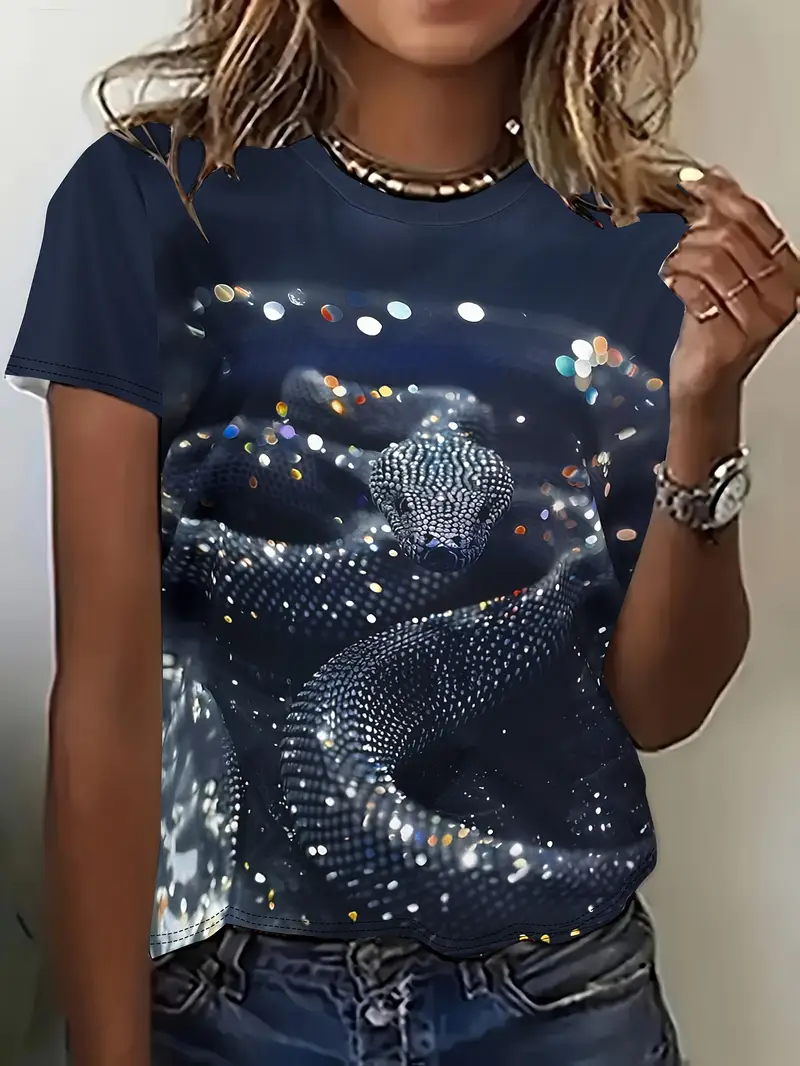 Women's Snakeskin Short Sleeve Tee T-shirt Crew Neck Printing Casual Summer Graphic Tee Top