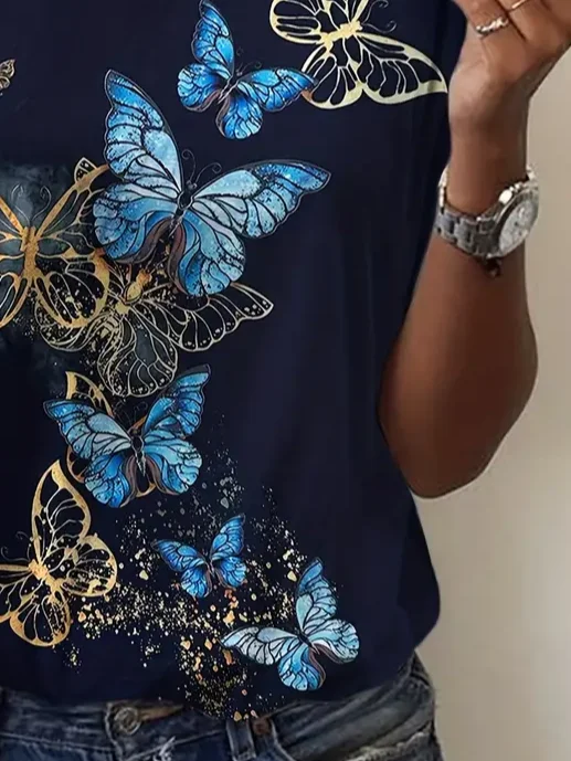 Women's Butterfly Short Sleeve Tee T-shirt Crew Neck Printing Casual Summer Graphic Tee Top