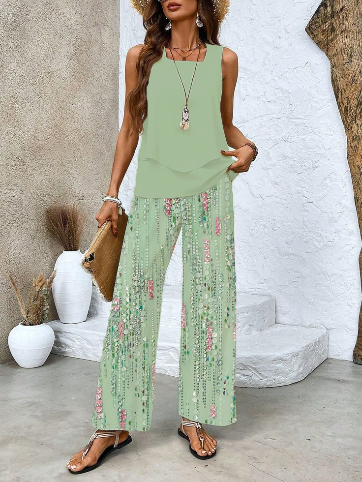 Women's Floral Printing Two-Piece Set Daily Sleeveless Casual Summer Top With Pants Matching Set