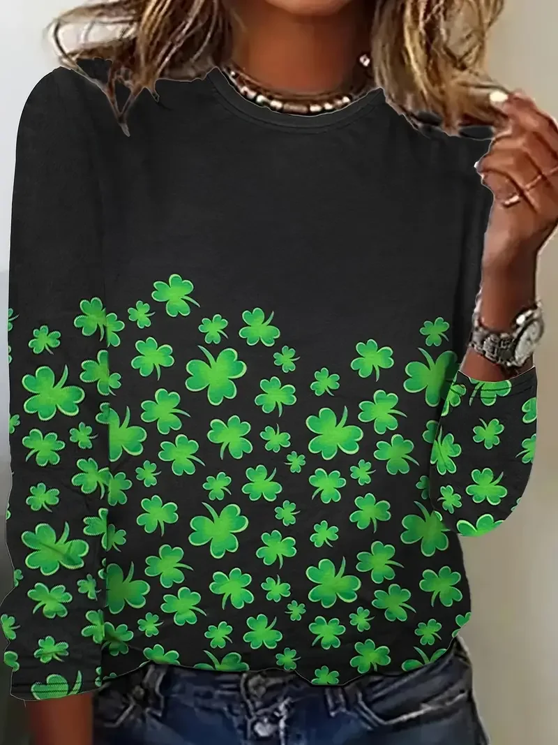 Women's Shamrock Long Sleeve Tee T-shirt Crew Neck Printing Casual Spring/Fall Graphic Tee Top